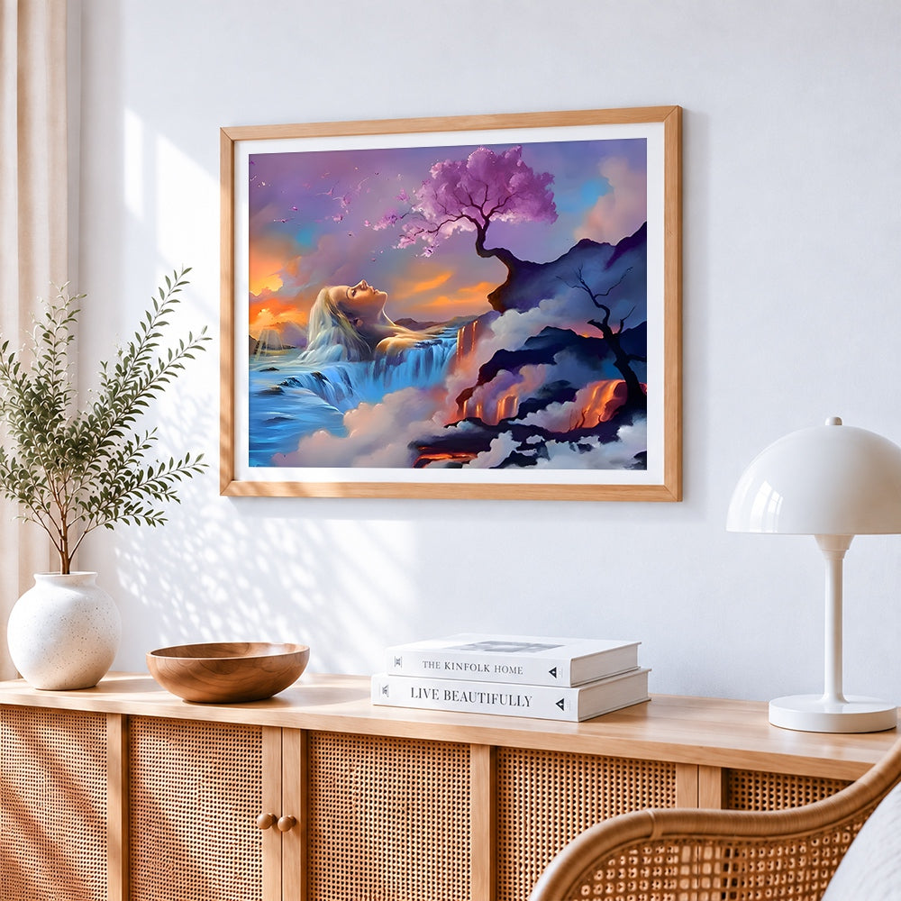 Dreamy woman with purple blossom tree paint by numbers artwork displayed on wall as home decor