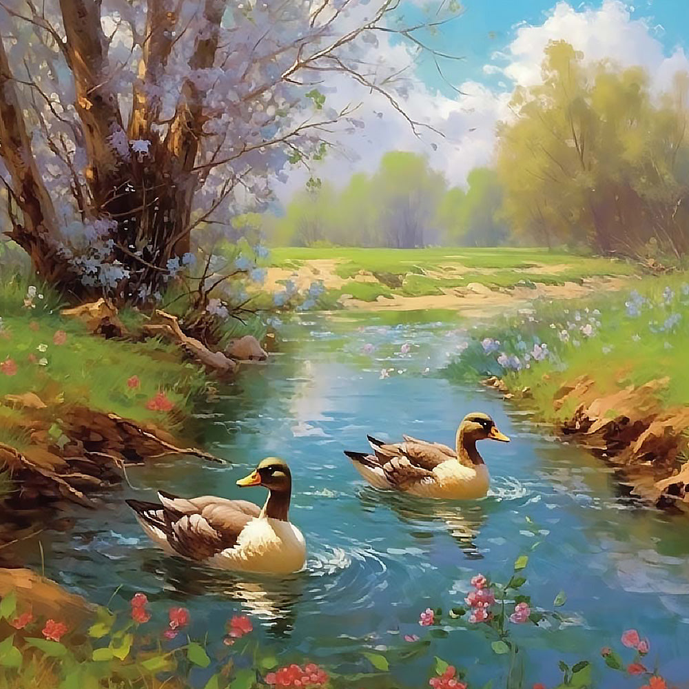 Ducks swimming in a spring stream cross stitch kit for beginners