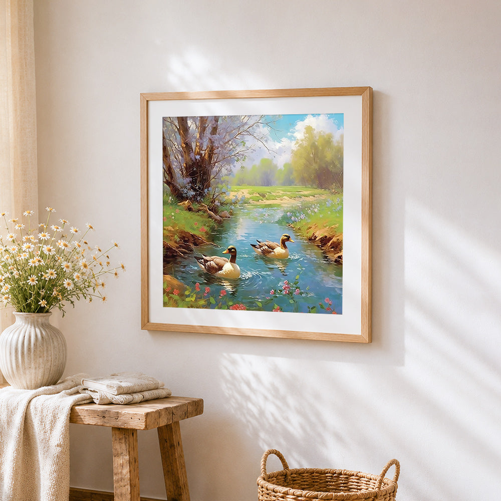 Ducks swimming in a spring stream cross stitch artwork displayed on wall as home decor