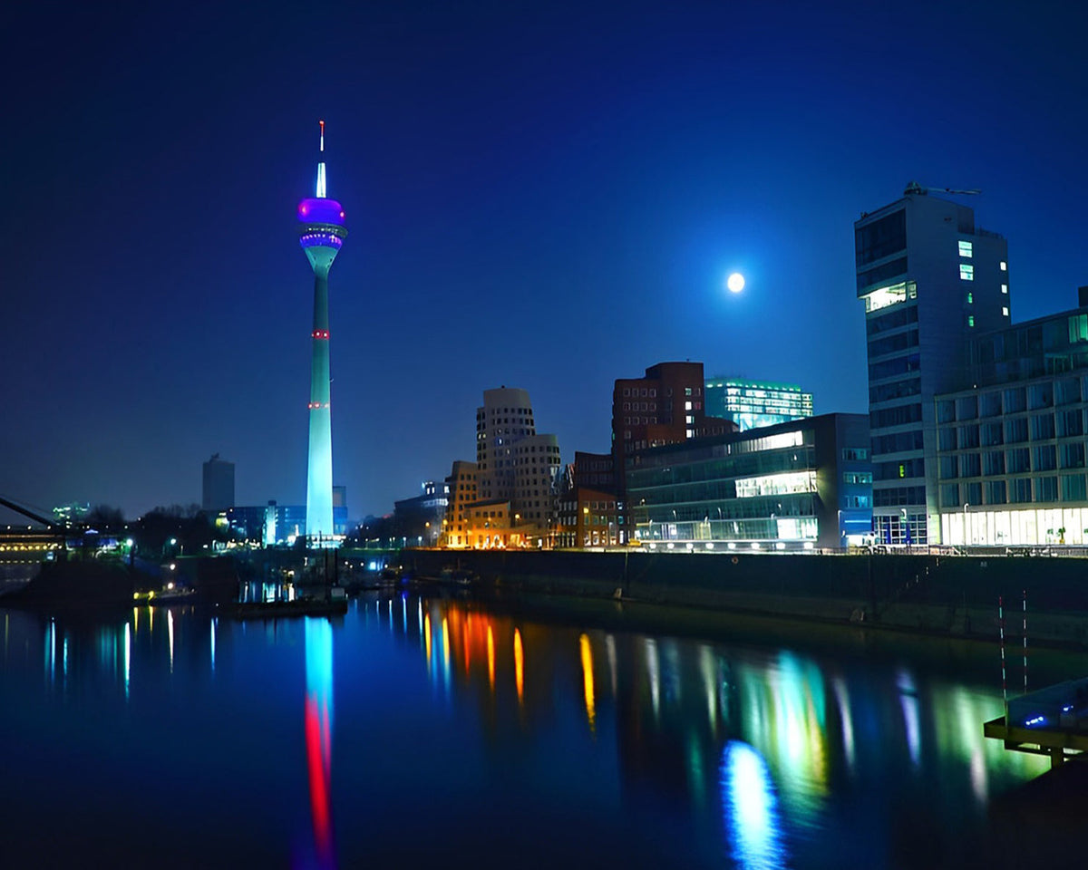 Düsseldorf rhine tower at night cross stitch kit for beginners