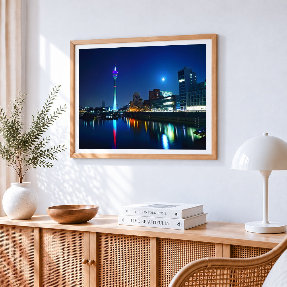 Düsseldorf rhine tower at night cross stitch artwork displayed on wall as home decor