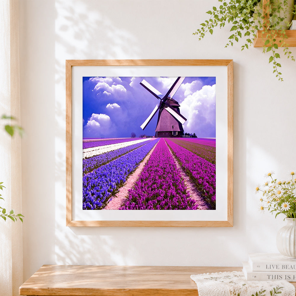 Finished dutch windmill and tulip fields cross stitch artwork displayed
