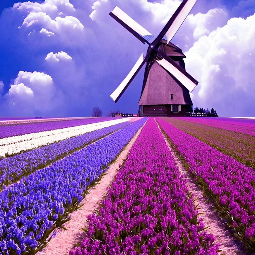 Dutch windmill and tulip fields cross stitch kit for beginners