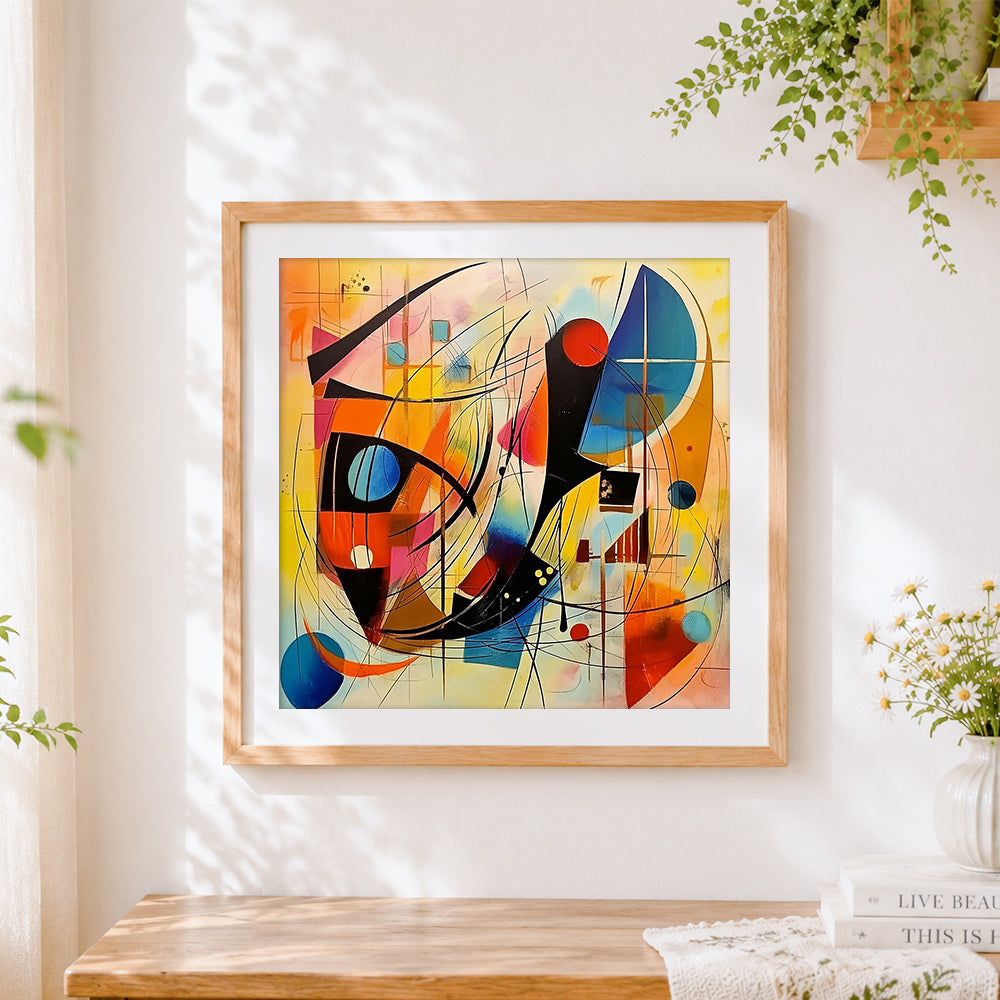 Finished dynamic abstract lines and shapes cross stitch artwork displayed