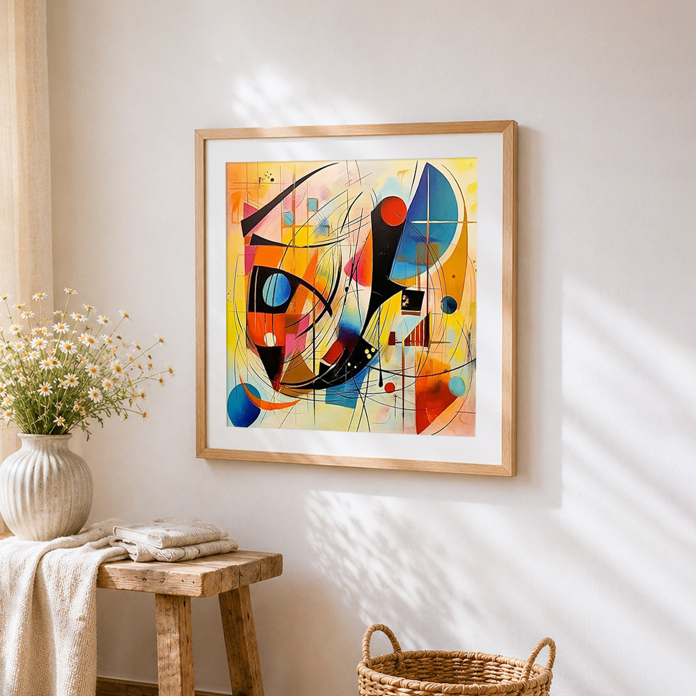Dynamic abstract lines and shapes cross stitch artwork displayed on wall as home decor