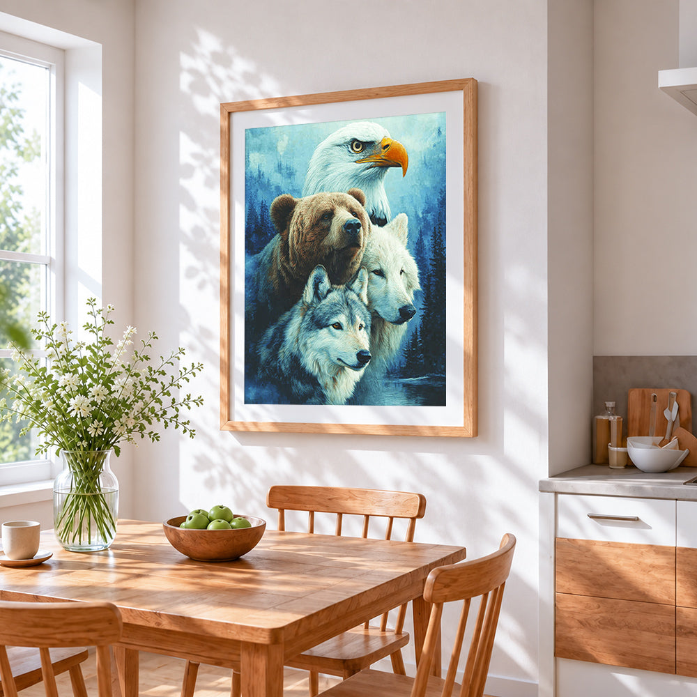 Eagle bear and wolf portrait cross stitch artwork displayed on wall as home decor