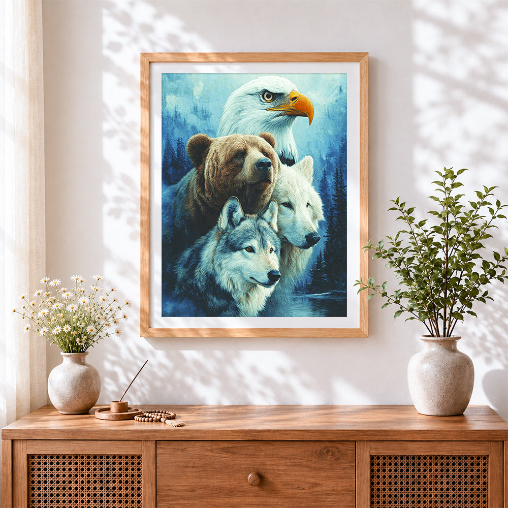 Finished eagle, bear and wolf portrait paint by numbers artwork displayed as home decor