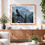 Finished eagle flying over snowy mountains cross stitch artwork displayed