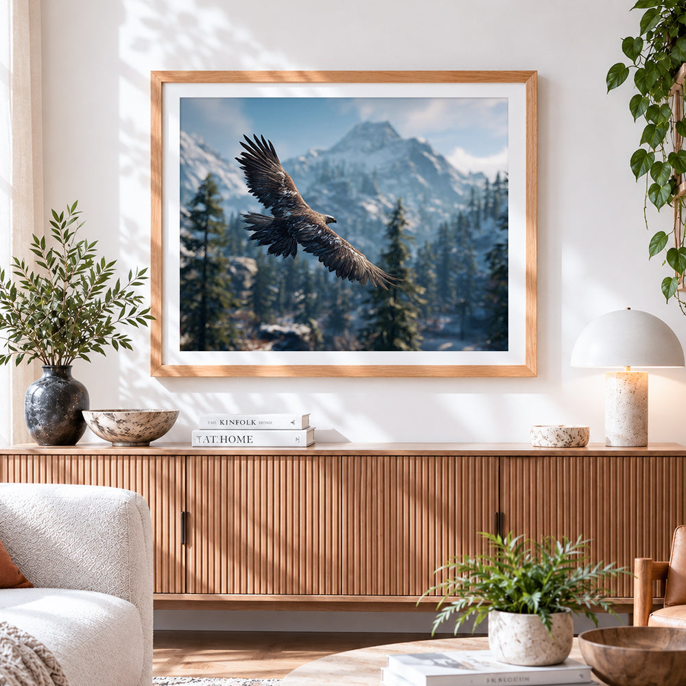 Finished eagle flying over snowy mountains cross stitch artwork displayed