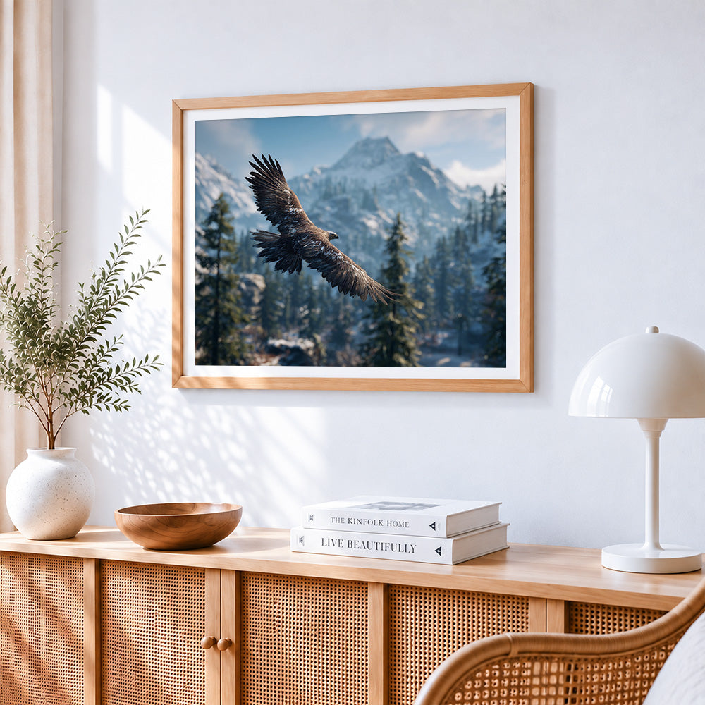 Eagle flying over snowy mountains cross stitch artwork displayed on wall as home decor