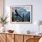 Eagle flying over snowy mountains paint by numbers artwork displayed on wall as home decor