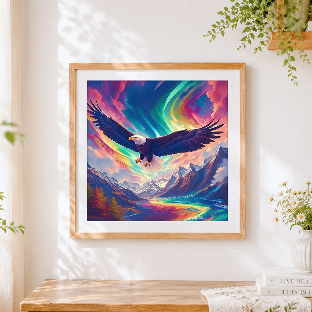 Finished eagle flying under the aurora cross stitch artwork displayed