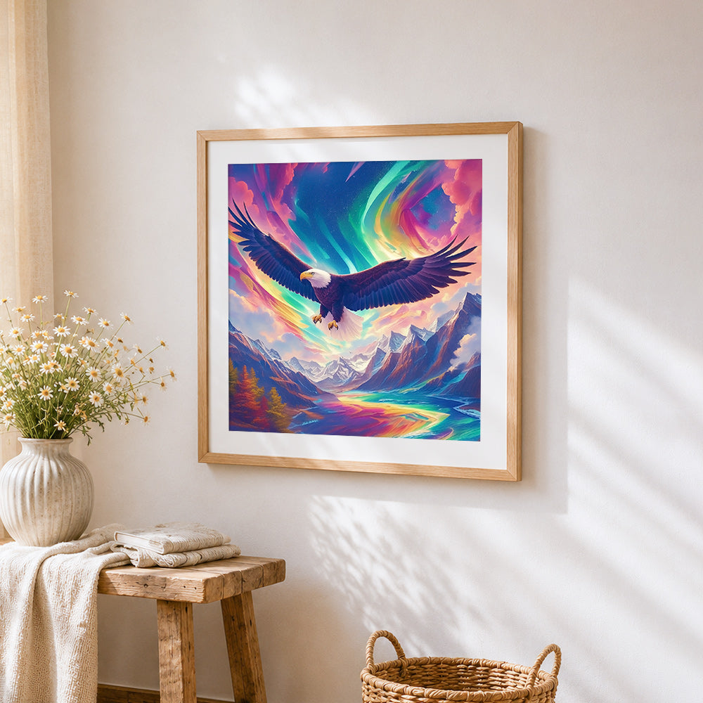 Eagle flying under the aurora cross stitch artwork displayed on wall as home decor