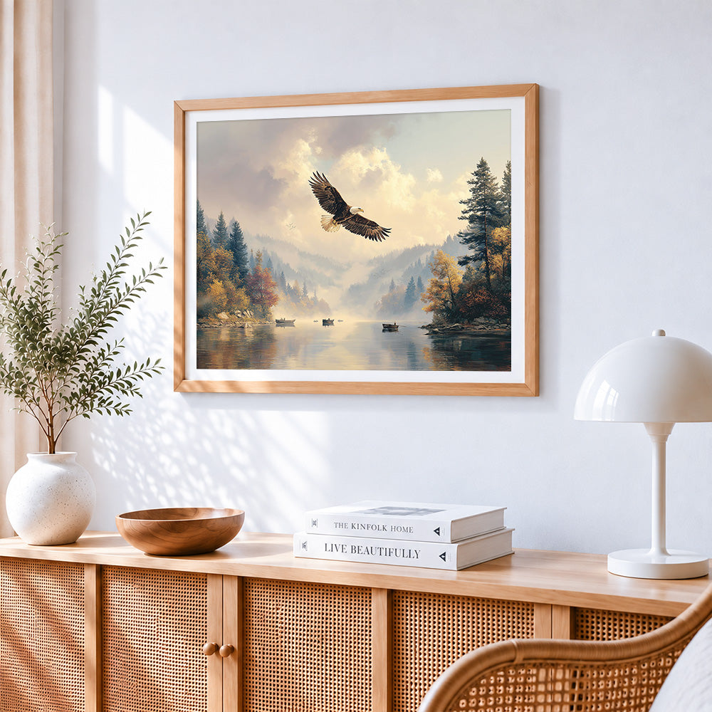 Eagle soaring over a misty lake cross stitch artwork displayed on wall as home decor