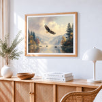 Eagle soaring over a misty lake cross stitch artwork displayed on wall as home decor