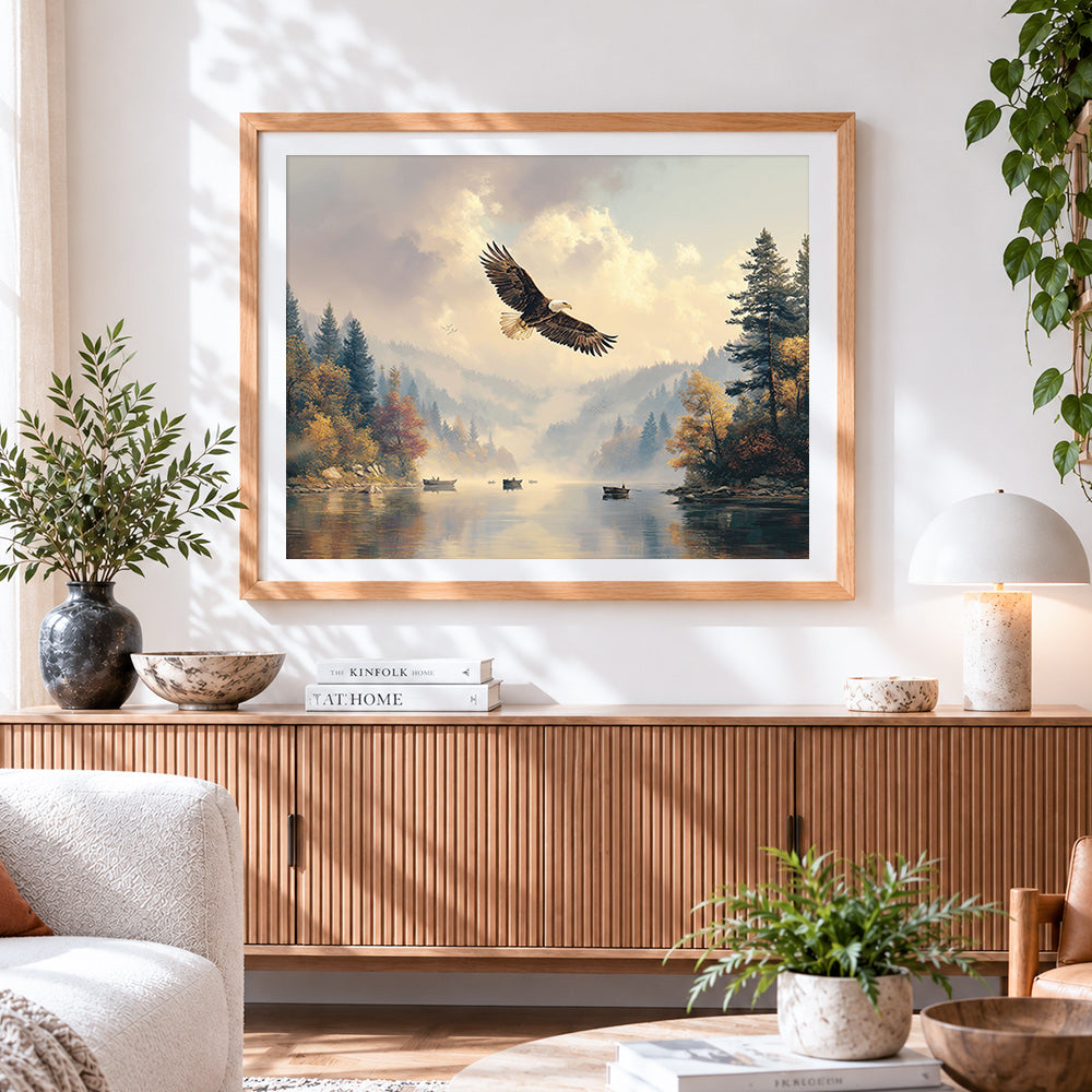 Finished eagle soaring over a misty lake paint by numbers artwork displayed as home decor