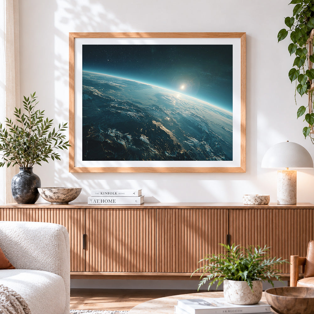 Finished earth from space at sunrise cross stitch artwork displayed