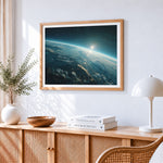 Earth from space at sunrise paint by numbers artwork displayed on wall as home decor