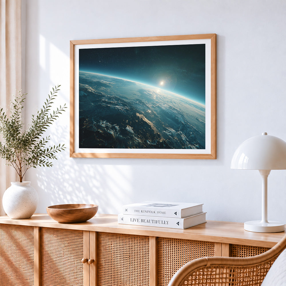 Earth from space at sunrise paint by numbers artwork displayed on wall as home decor