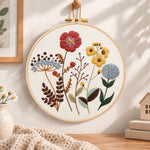 Earthy tone flora embroidery hoop wall art displayed as warm and cozy handmade home decor