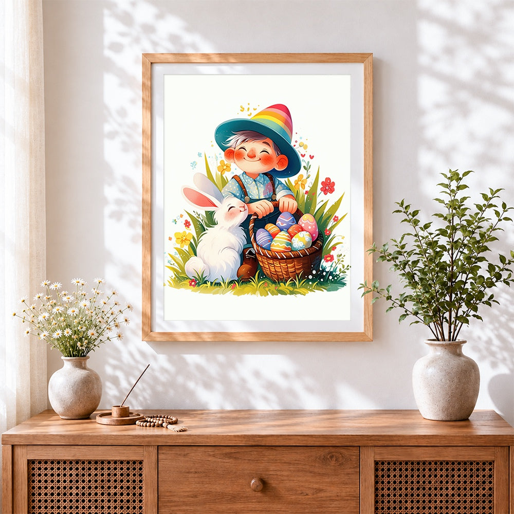 Finished easter boy with bunny cross stitch artwork displayed