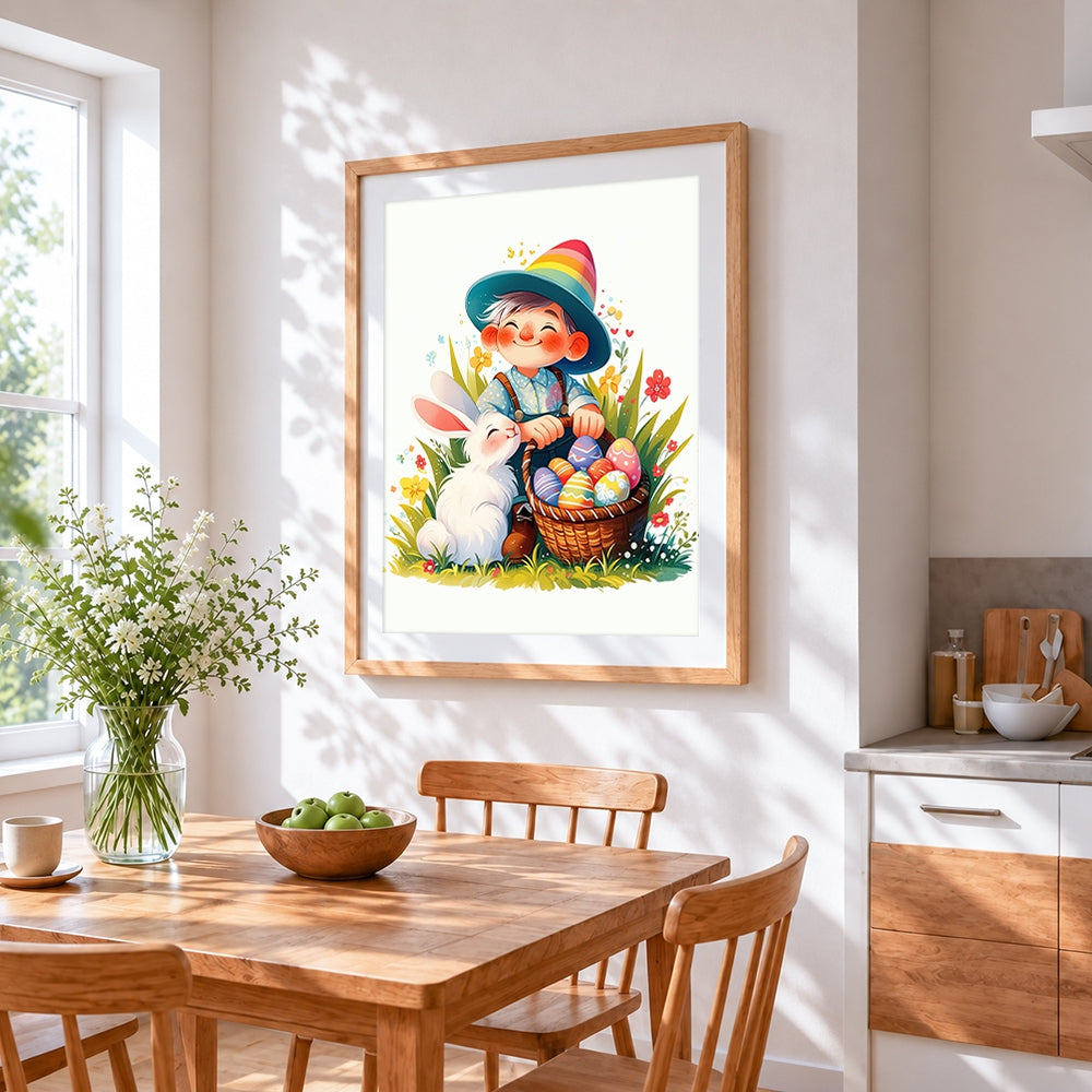 Easter boy with bunny cross stitch artwork displayed on wall as home decor