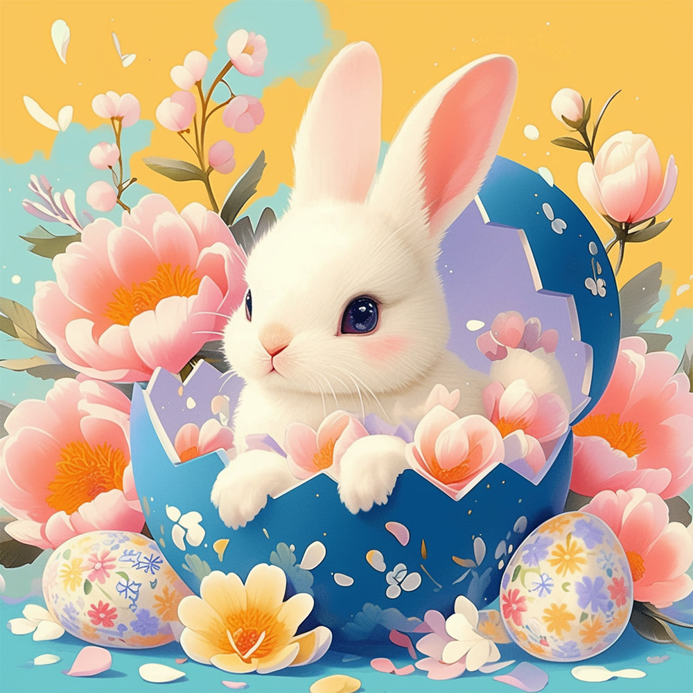 Easter bunny in a blue egg cross stitch kit for beginners