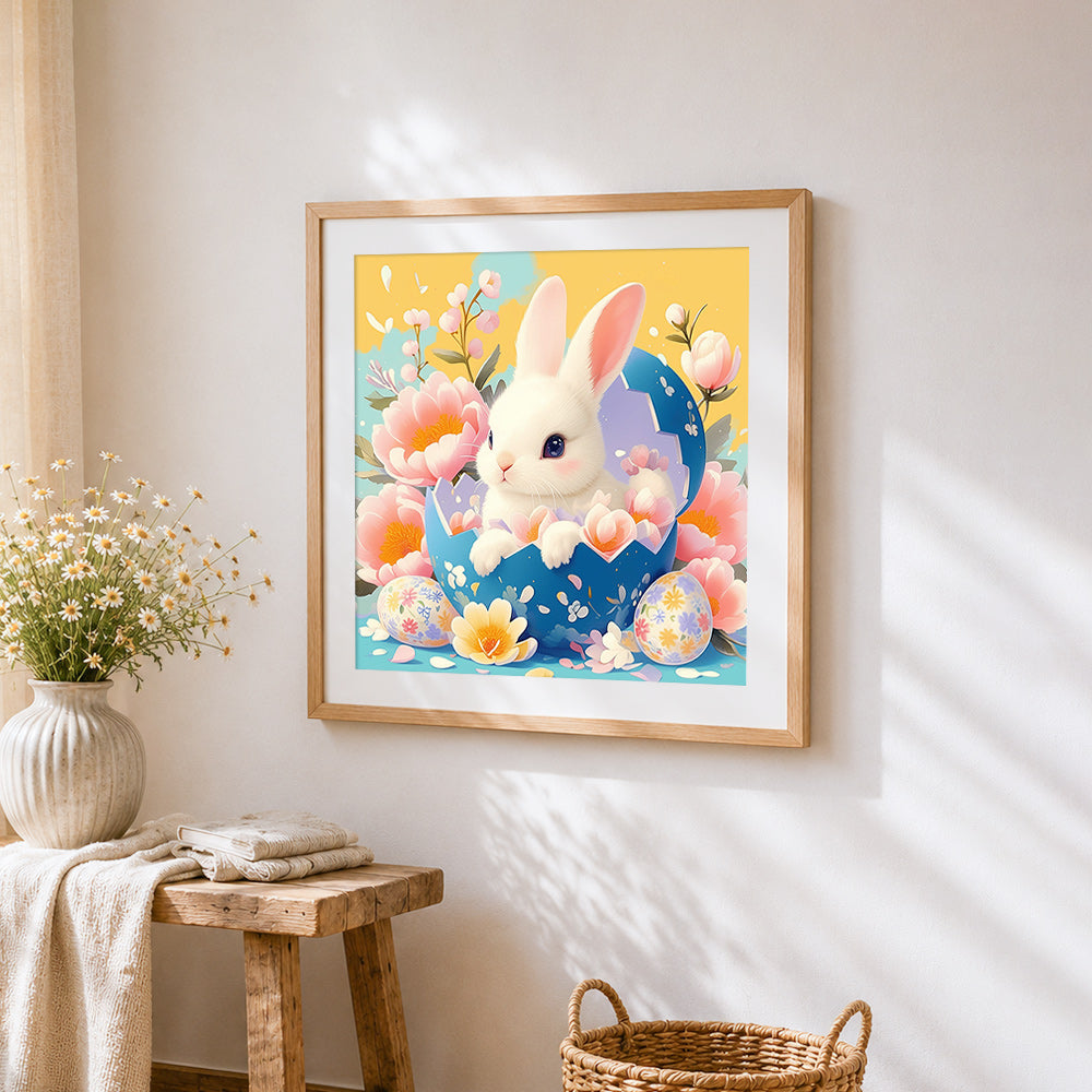 Easter bunny in a blue egg cross stitch artwork displayed on wall as home decor