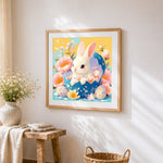 Easter bunny in a blue egg cross stitch artwork displayed on wall as home decor