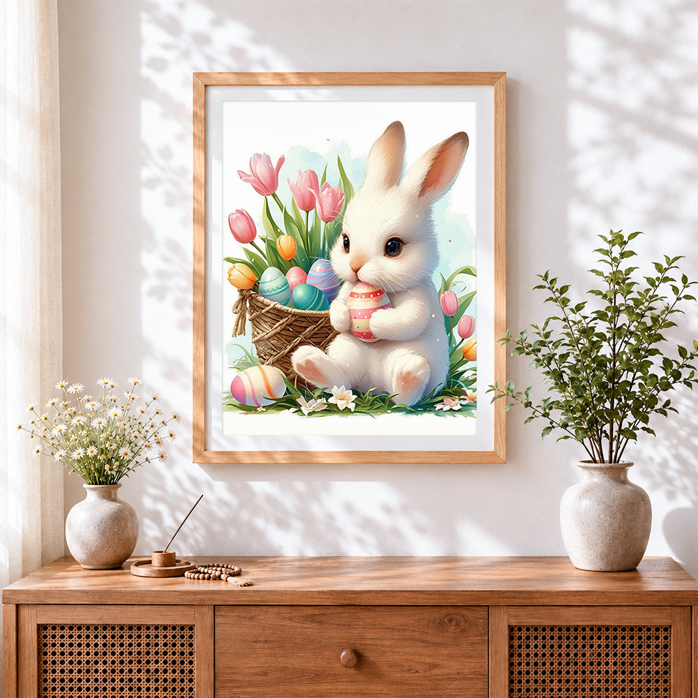 Finished easter bunny with basket and tulips cross stitch artwork displayed