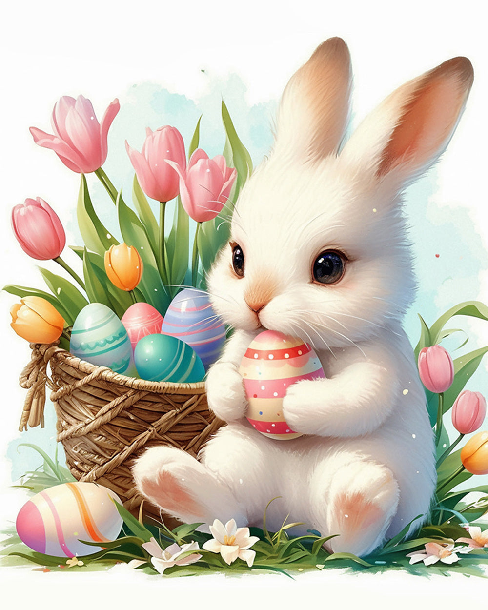 Easter bunny with basket and tulips cross stitch kit for beginners