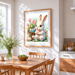 Easter bunny with basket and tulips cross stitch artwork displayed on wall as home decor