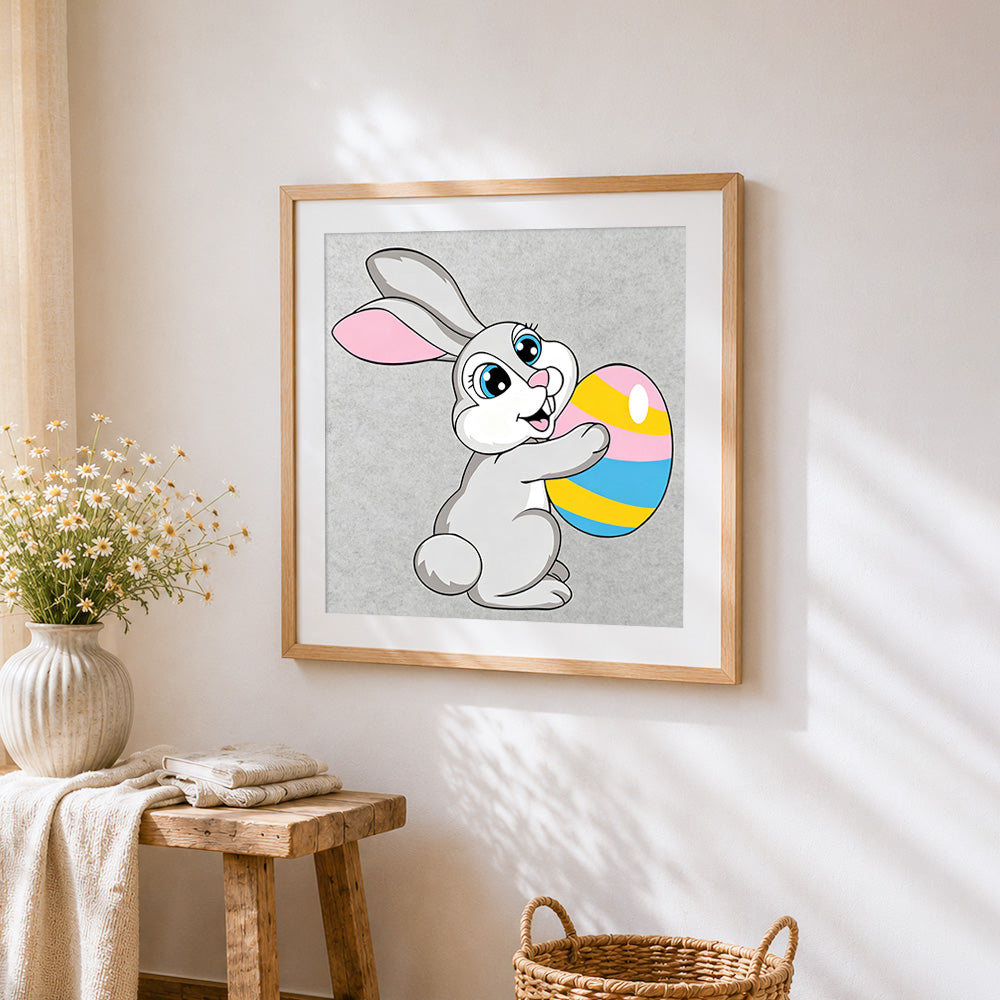 Easter bunny with colourful egg cross stitch artwork displayed on wall as home decor