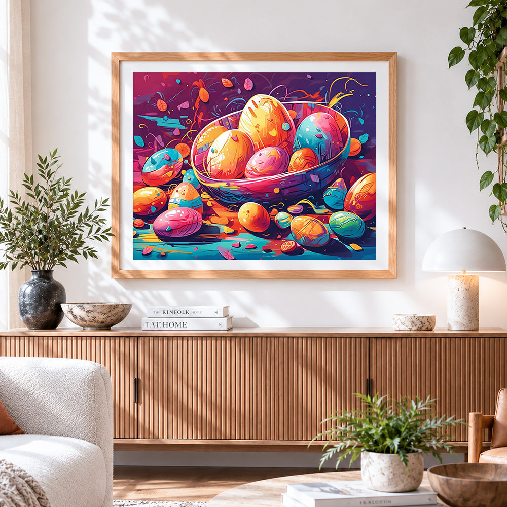 Finished easter eggs in bowl paint by numbers artwork displayed as home decor