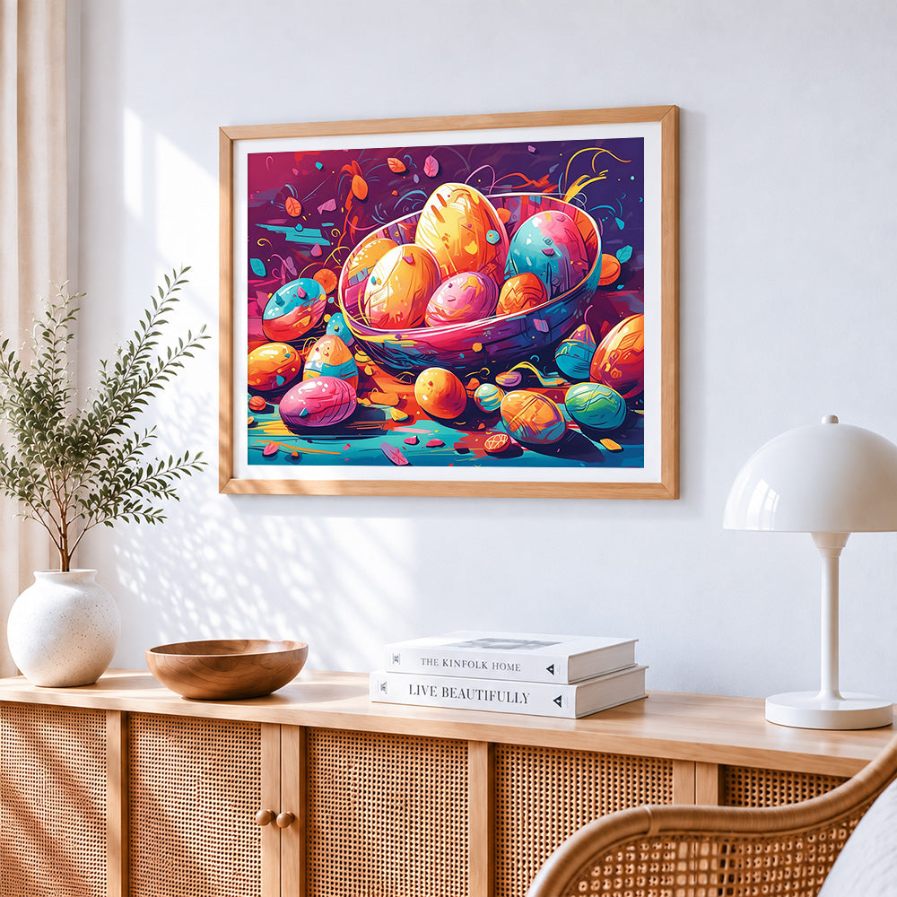 Easter eggs in bowl paint by numbers artwork displayed on wall as home decor