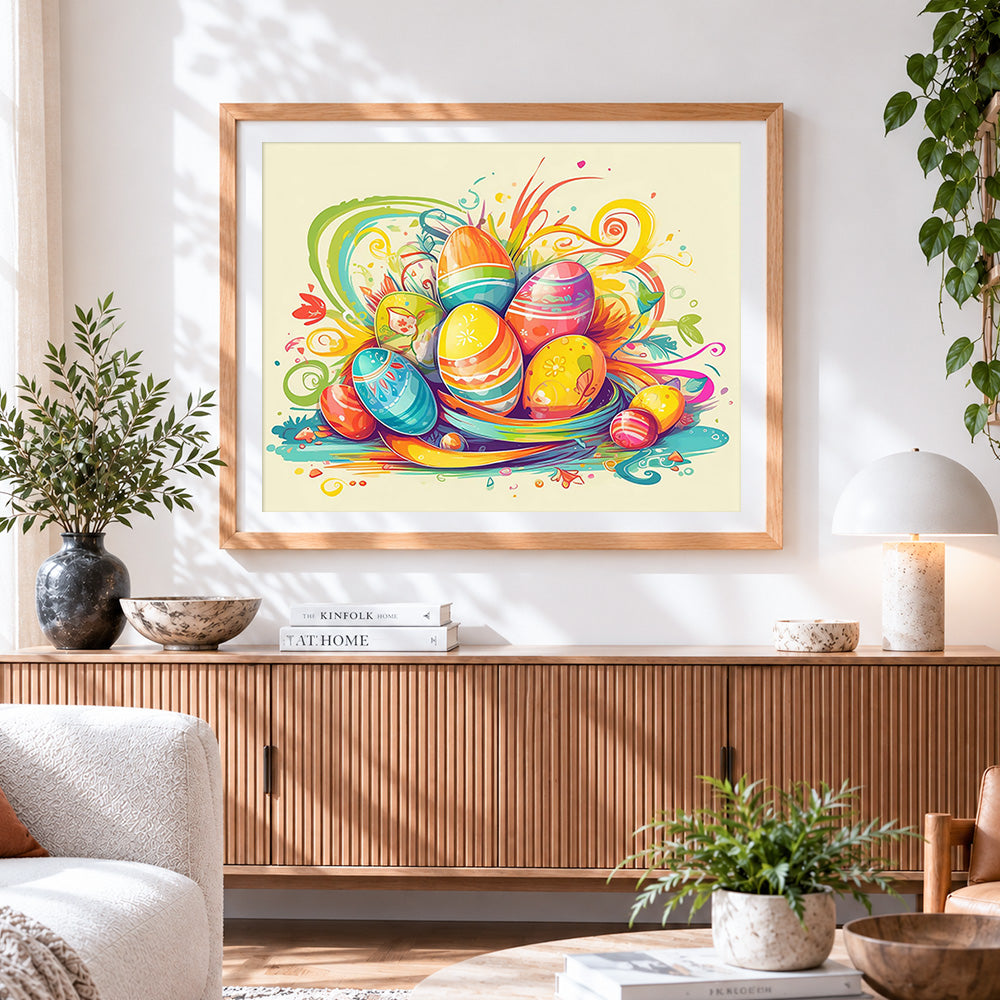 Finished easter eggs with floral swirls paint by numbers artwork displayed as home decor