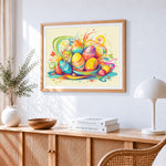 Easter eggs with floral swirls paint by numbers artwork displayed on wall as home decor