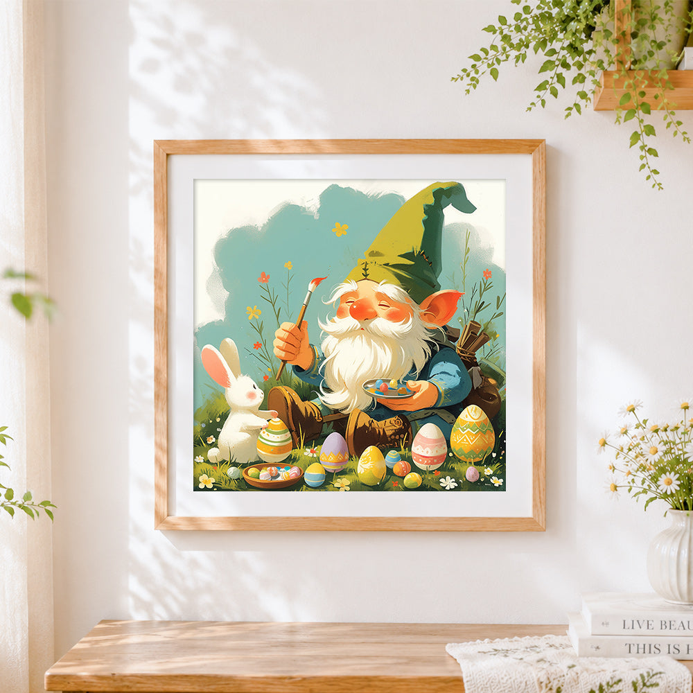 Finished easter gnome painting eggs cross stitch artwork displayed