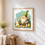 Easter gnome painting eggs cross stitch artwork displayed on wall as home decor