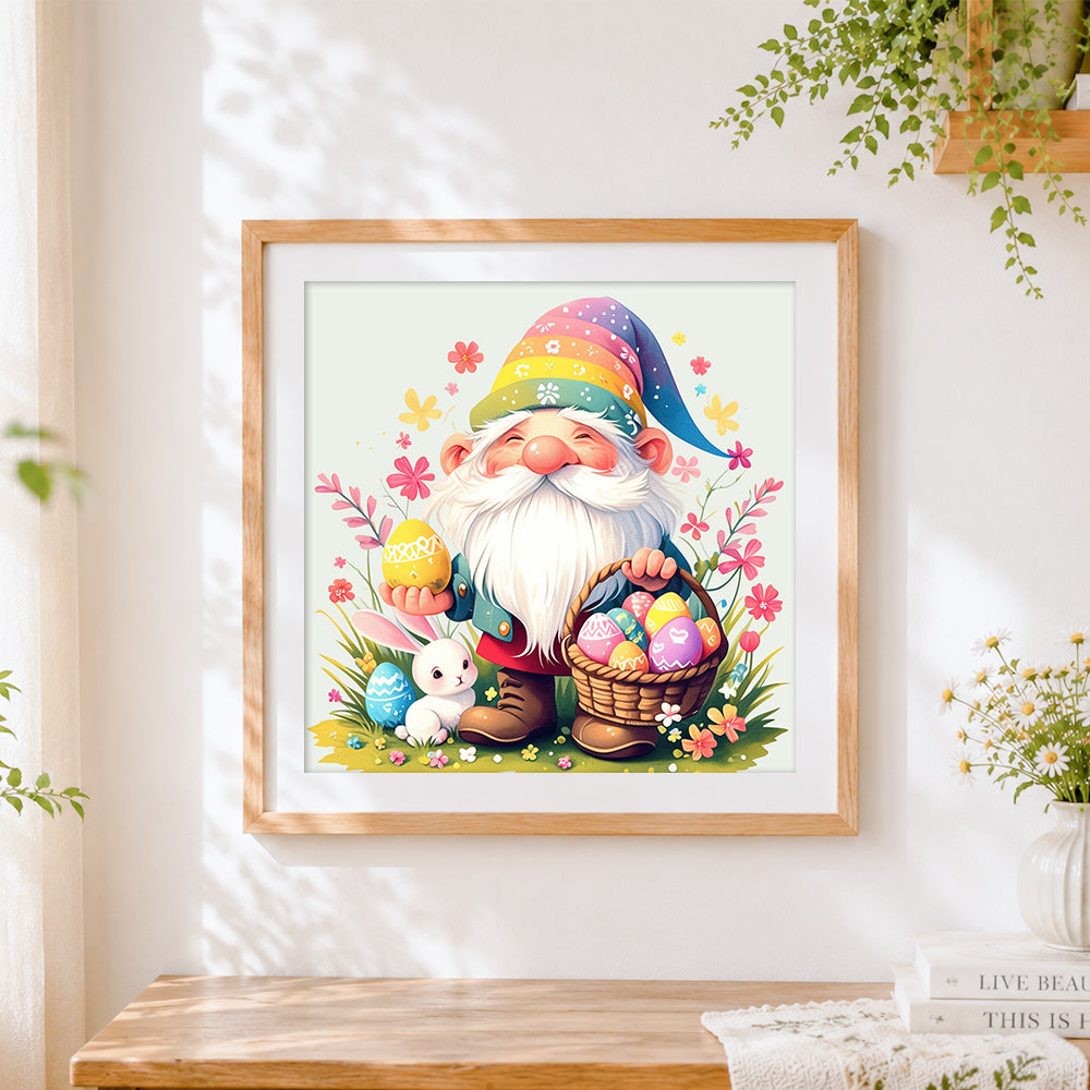 Finished easter gnome with eggs cross stitch artwork displayed