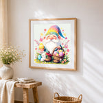Easter gnome with eggs cross stitch artwork displayed on wall as home decor