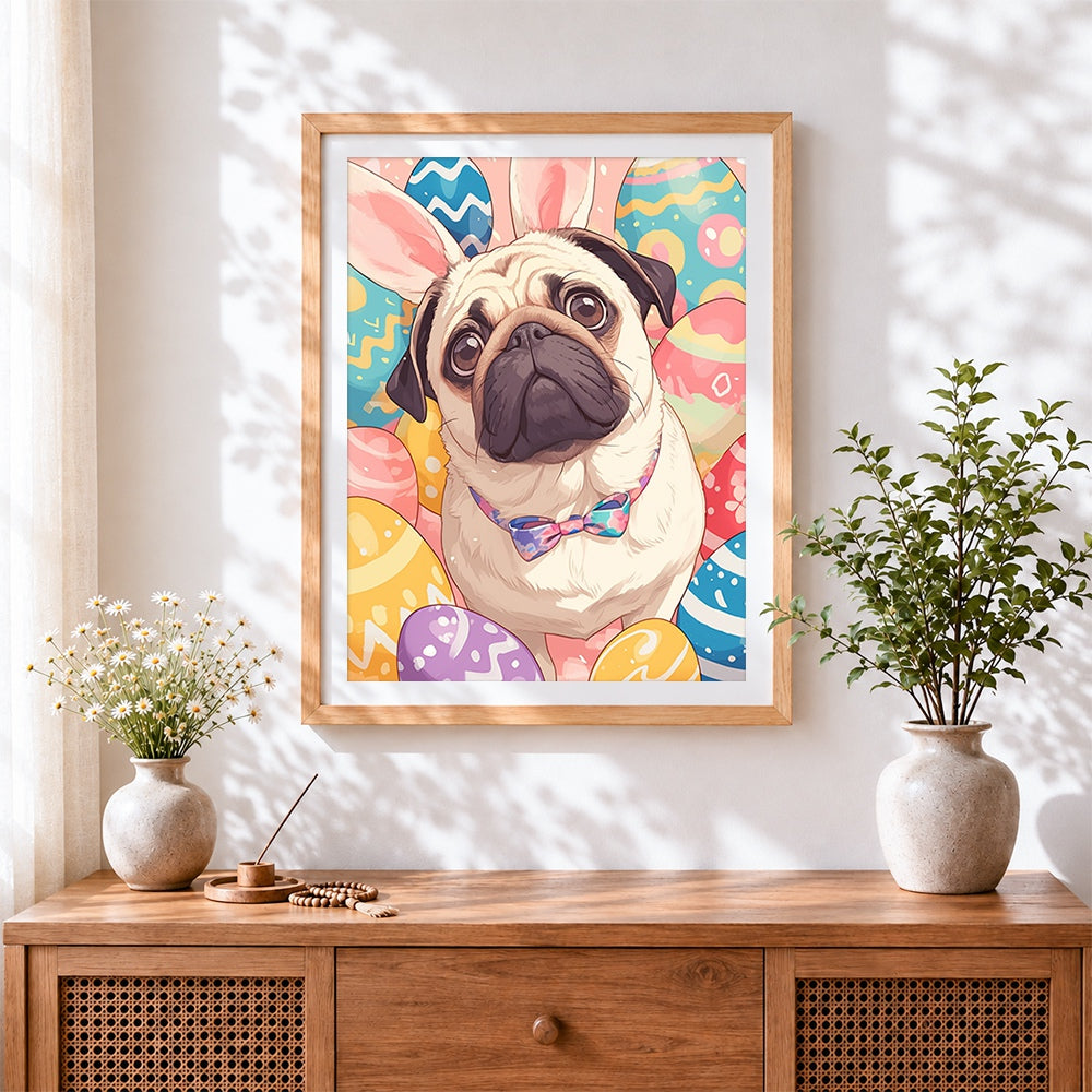 Finished easter pug with bunny ears cross stitch artwork displayed