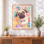 Finished easter pug with bunny ears cross stitch artwork displayed
