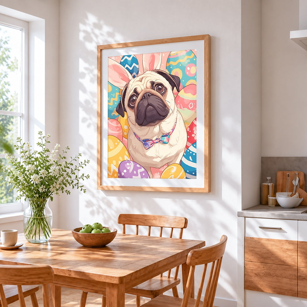 Easter pug with bunny ears cross stitch artwork displayed on wall as home decor