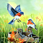 Eastern bluebirds and wooden bucket cross stitch kit for beginners