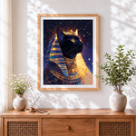 Finished egyptian pharaoh cat cross stitch artwork displayed