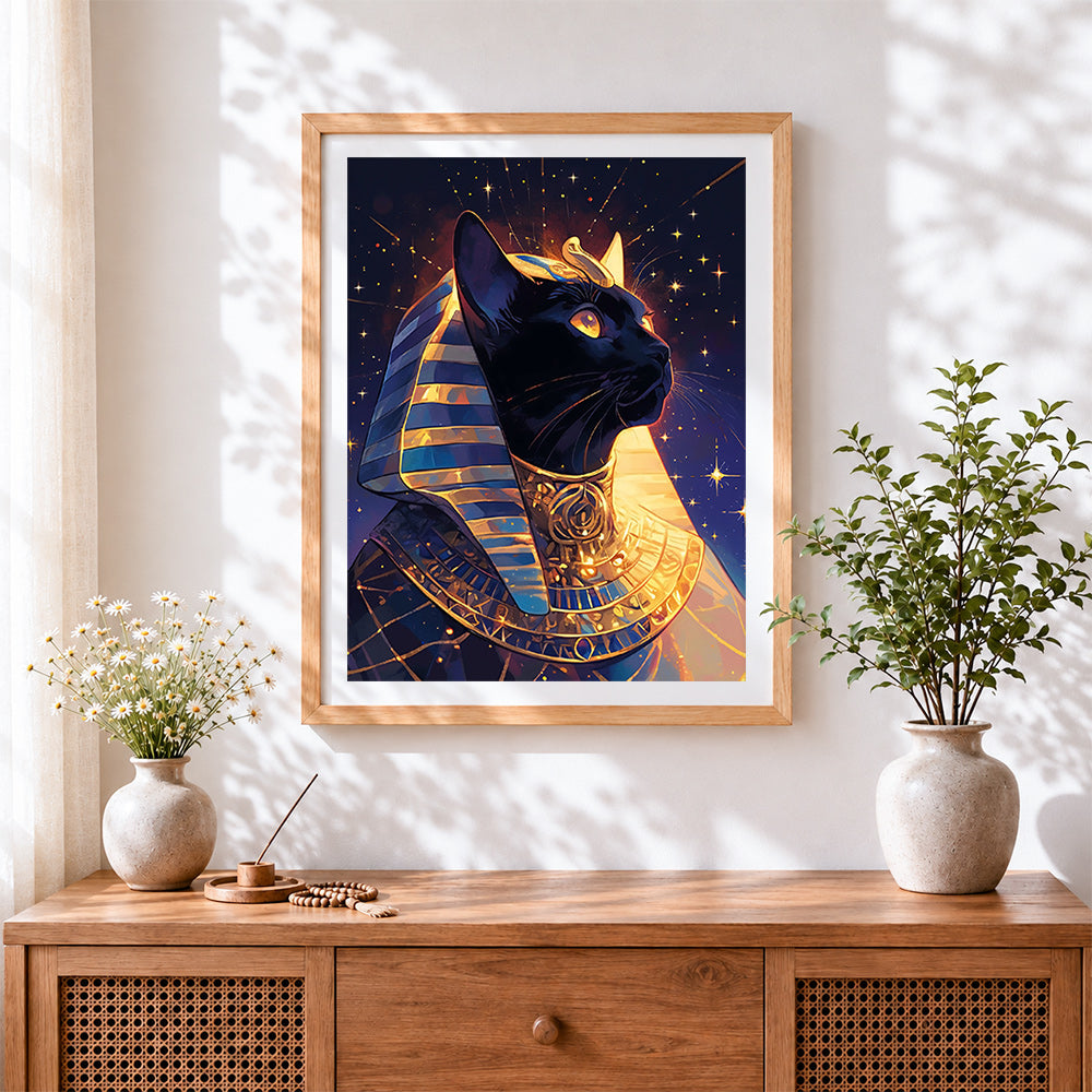 Finished egyptian pharaoh cat cross stitch artwork displayed