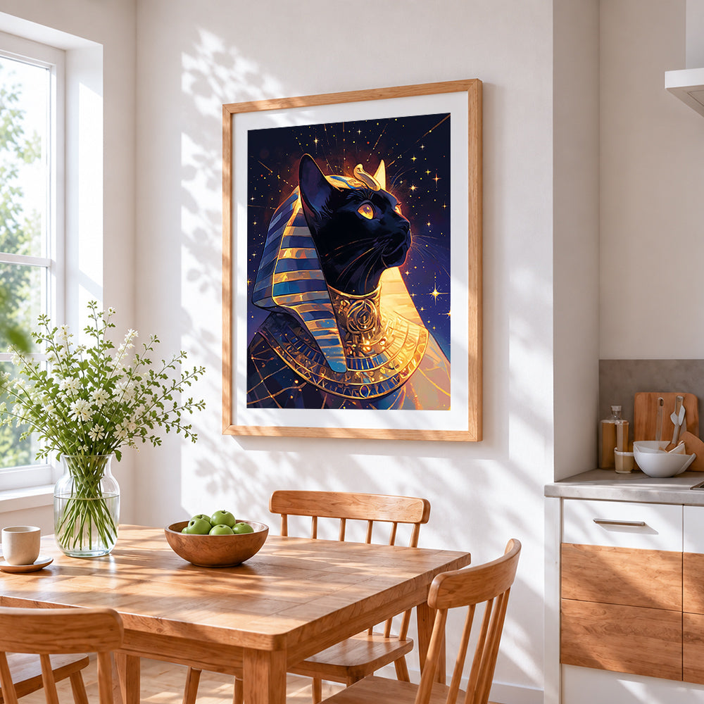 Egyptian pharaoh cat cross stitch artwork displayed on wall as home decor