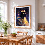 Egyptian pharaoh cat cross stitch artwork displayed on wall as home decor