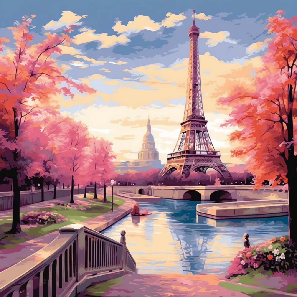 Eiffel tower at sunset in autumn cross stitch kit for beginners